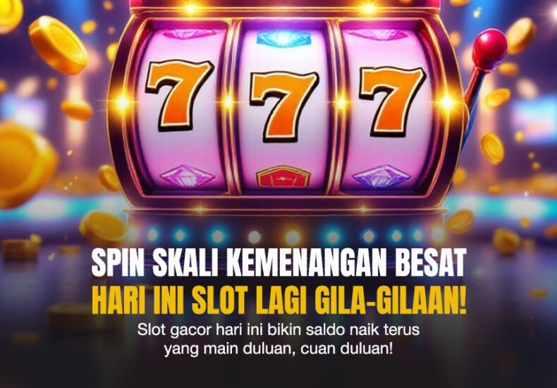 Tampilan mesin slot 777 dengan simbol angka tujuh menyala, dikelilingi koin emas bertebaran dan latar gemerlap kasino digital.